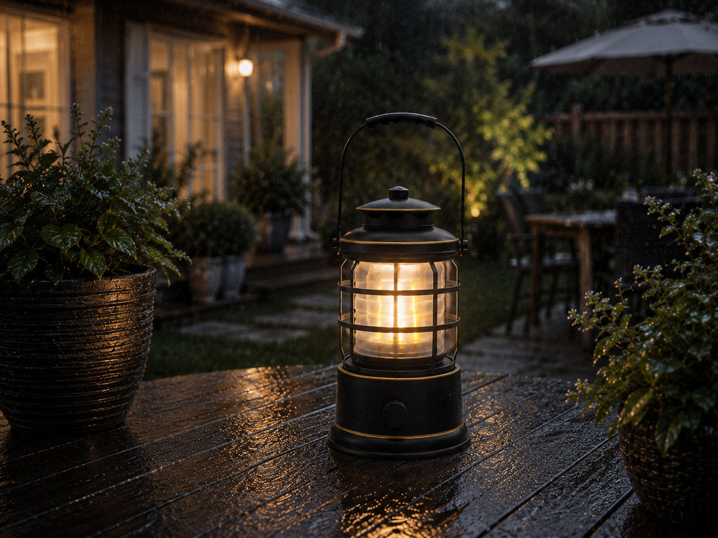 Vintage Black LIVILLA Heritage Outdoor LED Lantern on a residential patio in light rain
