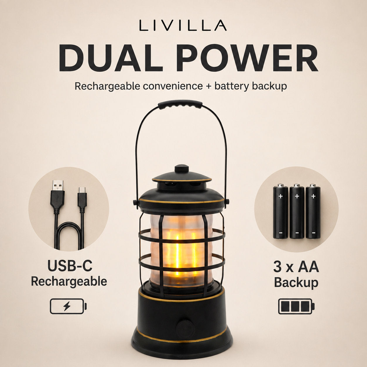 LIVILLA Heritage Outdoor LED Lantern with rechargeable and 3 AA backup power
