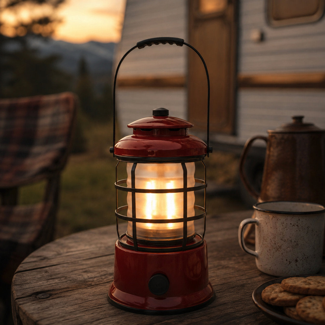 Vintage Red LIVILLA Heritage Outdoor LED Lantern on an outdoor RV table