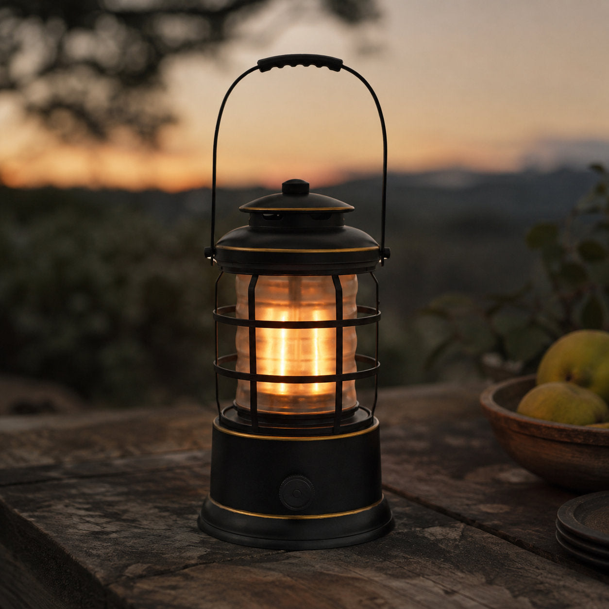 Vintage Black LIVILLA Heritage Outdoor LED Lantern on an outdoor table at sunset