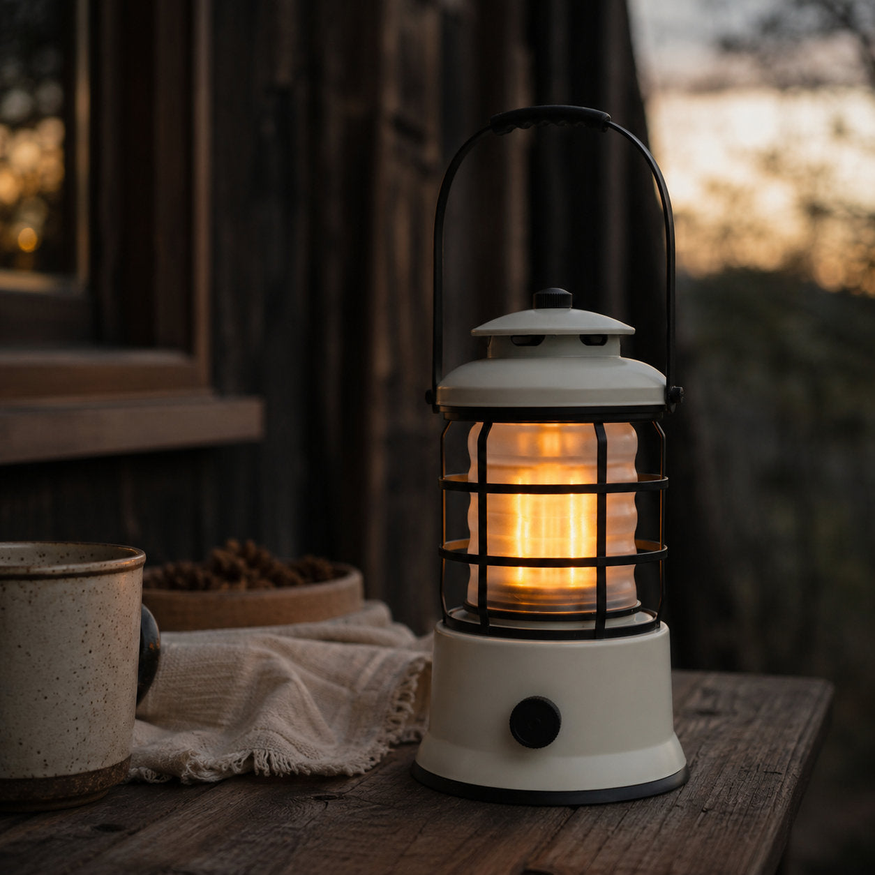 Vintage White LIVILLA Heritage Outdoor LED Lantern on a covered porch table