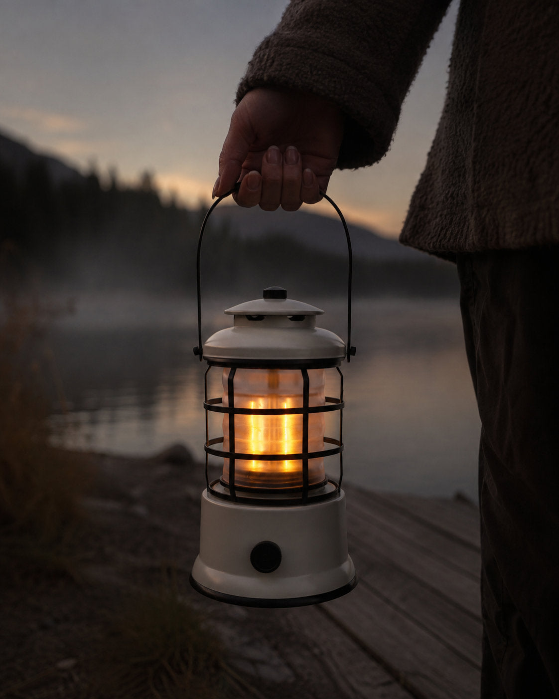 Vintage White LIVILLA Heritage Outdoor LED Lantern carried by hand beside a lake